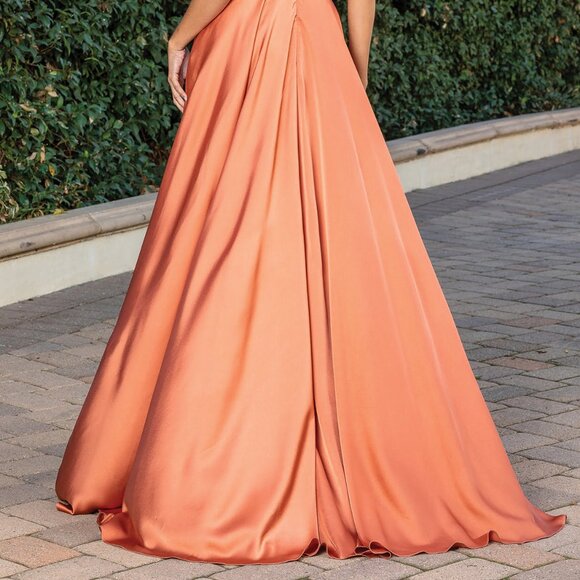 New A-Line Satin Graduation Dress w/ Illusion Plunging Neck & V-Back DQ 4304A - Picture 8 of 8